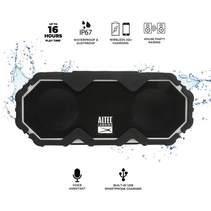 Altec Lansing Mini LifeJacket Jolt Bluetooth Speaker with Qi, Wireless, Waterproof, Portable, Speakers, Loud Volume, Strong Bass, Rich Stereo System, Microphone, 16 Hour Battery, 100 ft Range, Gray - Image 4